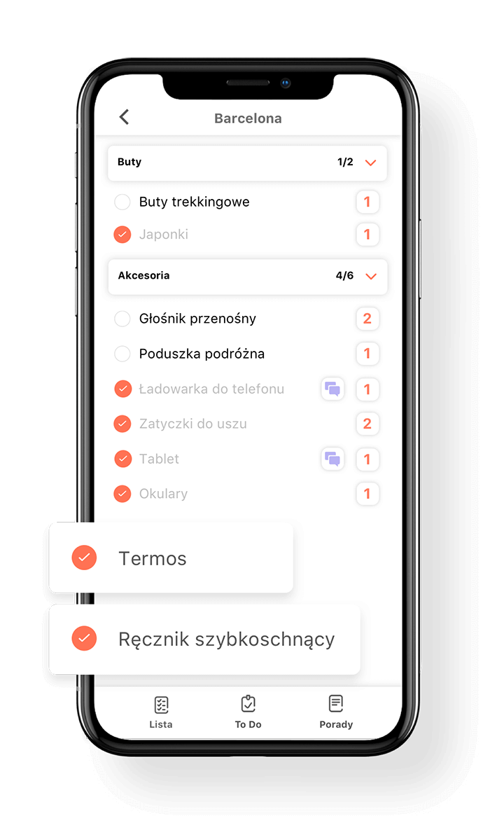 Aplikacja na telefon - lista pakowania